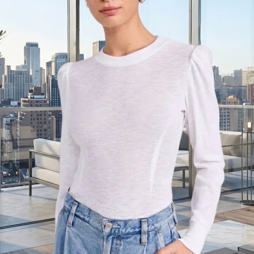 Marissa Webb Blair Puff Sleeve Waffle Knit White Cropped Tee Top S Made NYC